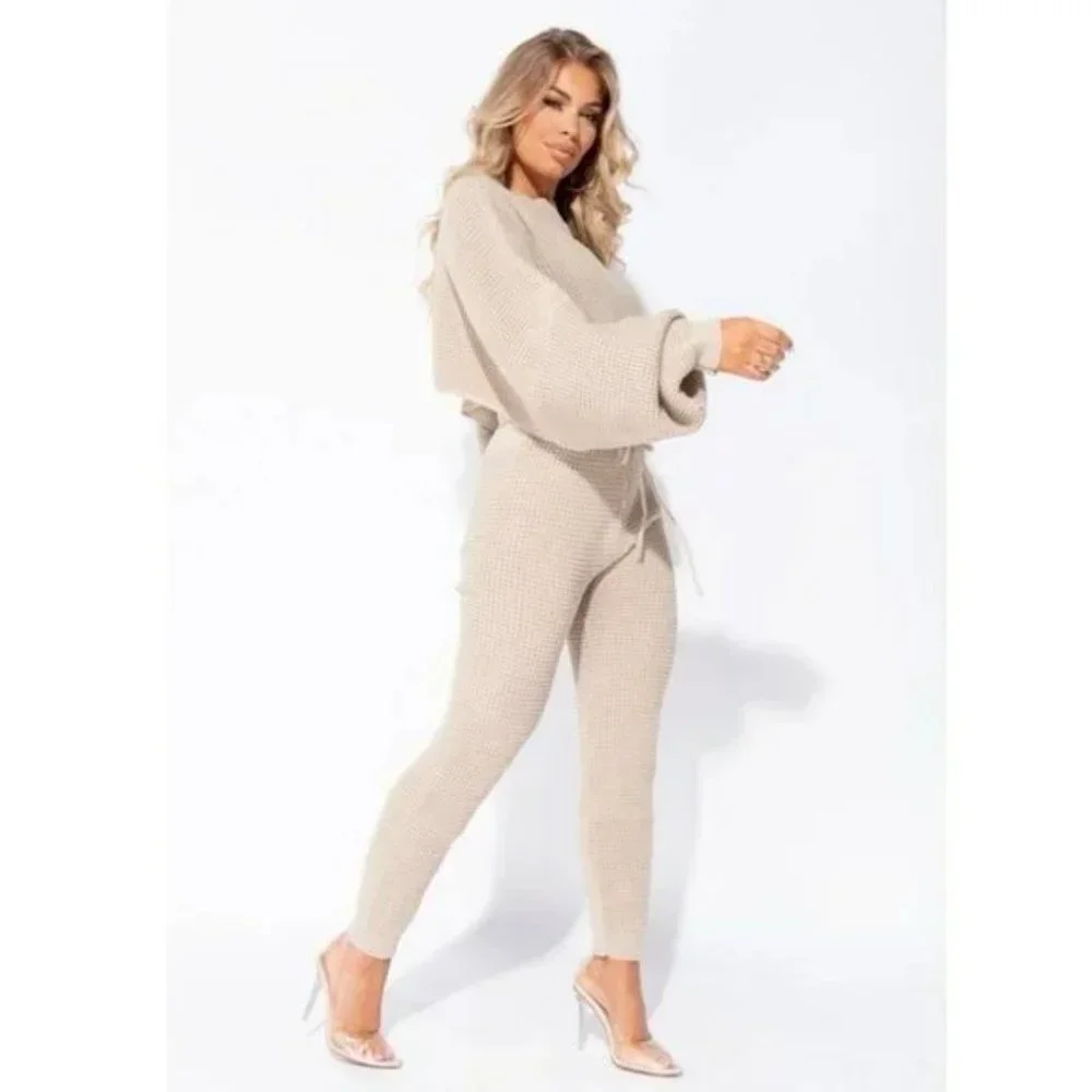 Beige Knitted Long Sleeve Sweater Crop Top and High Waist Pants Two Piece Set - Picture 5 of 17